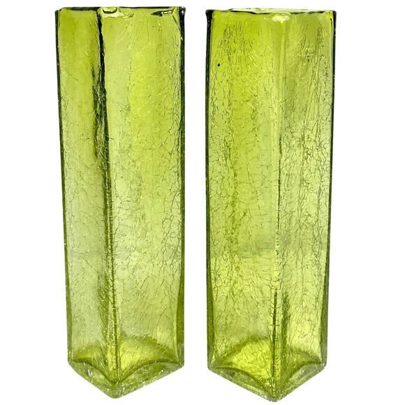 Art Glass MCM Pale Yellow Green Crackle Glass Rectangular 10" Vintage Vases-Pair - Picture 1 of 9